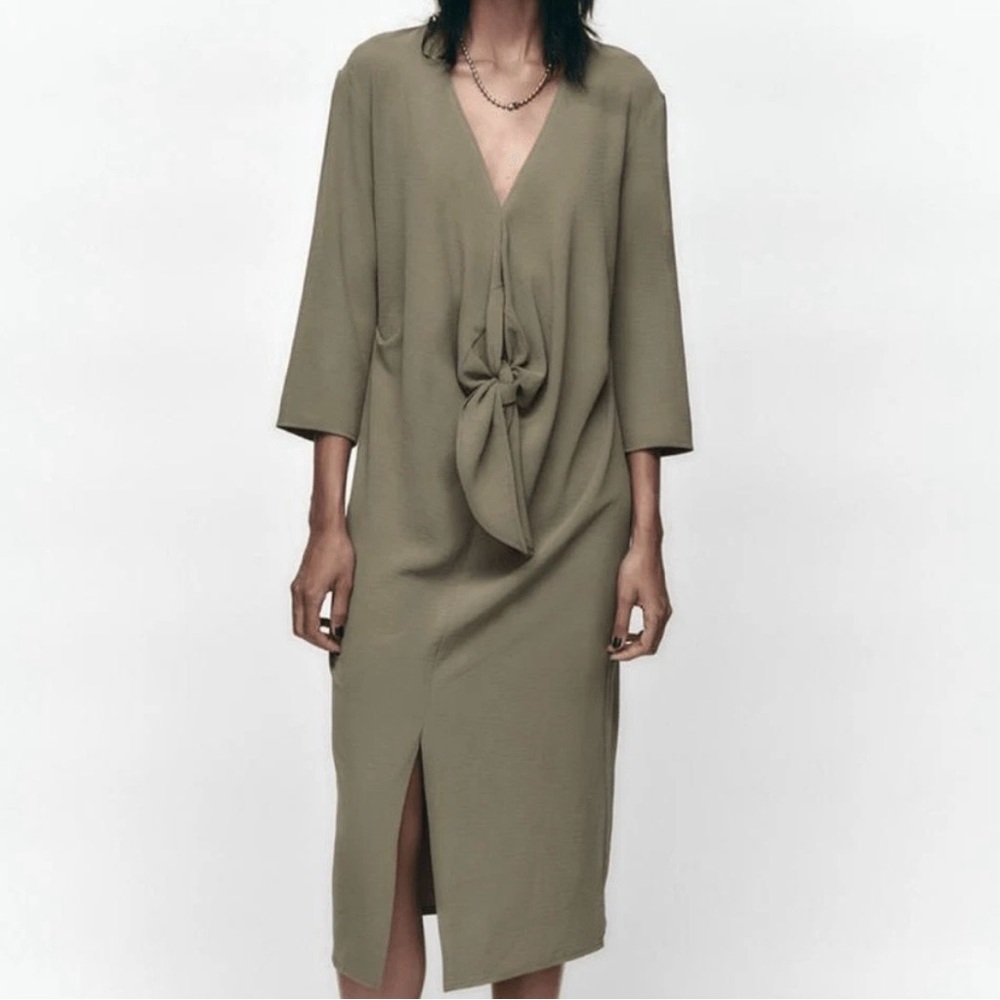Zara Khaki Midi Dress with Knot Detail